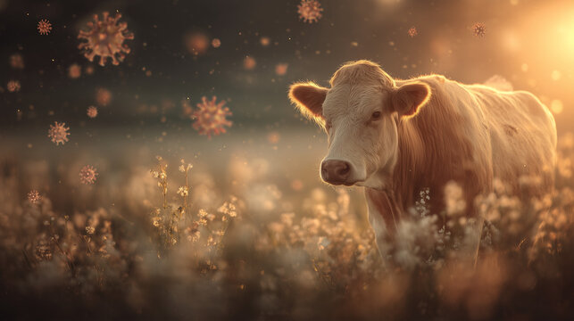 Cow standing in a field during sunset with flowers and floating particles in the air