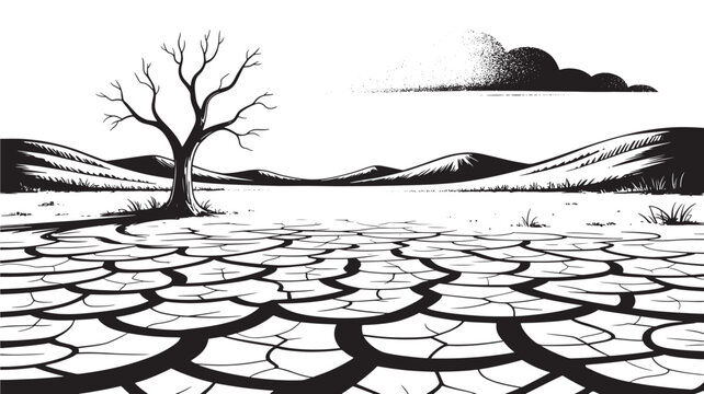 Bare Tree Standing On Dry Cracked Earth In Desert Landscape For Drought Concepts