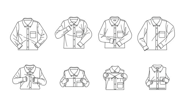 Step-by-step diagram showing how to properly fold a long-sleeved button-down shirt in eight clearly illustrated steps.