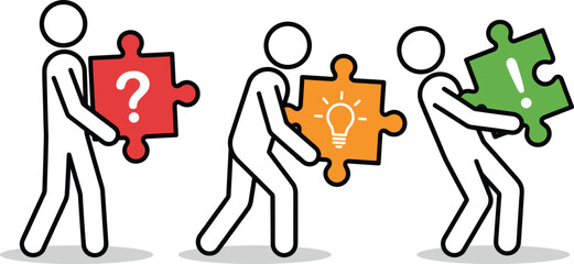 People holding puzzle pieces with question idea and solution symbols problem solving process concept creativity teamwork vector illustration sequence © Creative Vector