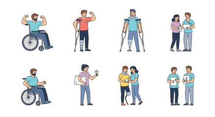 Fototapeta premium Inclusive set of characters showing people with physical disabilities including wheelchair users, amputees with prosthetics, and individuals on crutches.