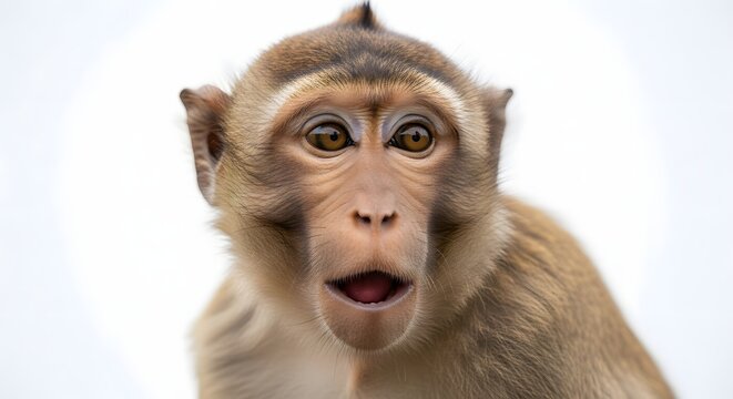 Close-up of a surprised macaque monkey with mouth open on a white background.