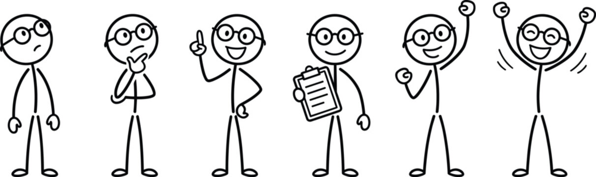 Six stick figure characters with glasses showing a problem solving workflow from initial confusion and brainstorming to project execution and ultimate success