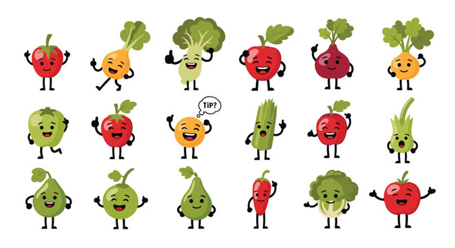 Cheerful collection of various vegetable characters with happy faces and expressive poses like thumbs up and pointing.