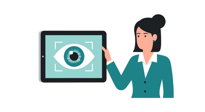 Businesswoman Holding Tablet with Biometric Iris Scan and Eye Tracking Interface for Digital Security and Vision Care Illustration