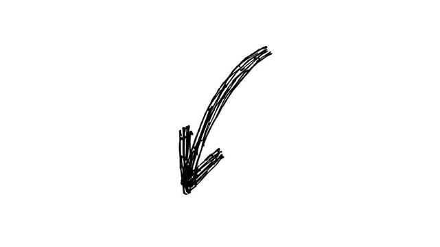 Hand-drawn sketchy arrow animation, charcoal style, pointing down left, isolated on a white background.