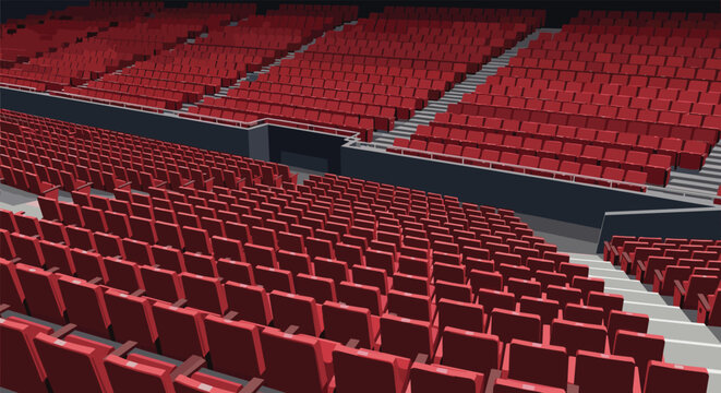 Wide interior view of a large empty theater or stadium with tiered rows of comfortable red seats and concrete walkways.