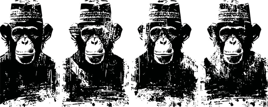 Monochrome grunge chimpanzee portraits with textured overlay set