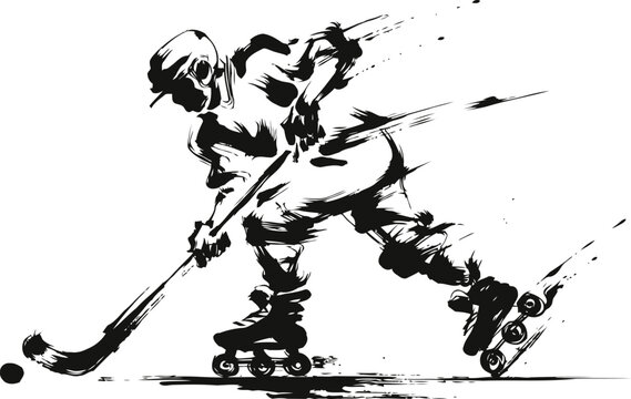 Ink brush illustration of roller hockey player in motion with stick and ball