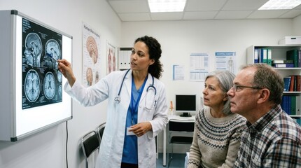 Fototapeta premium A doctor and two patients discussing an MRI scan in a medical office.