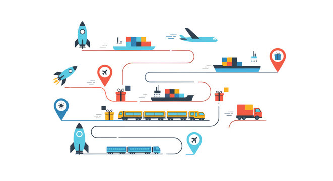 Logistic and delivery service infographic showing shipping routes for airplanes, cargo ships, trains, and delivery trucks.