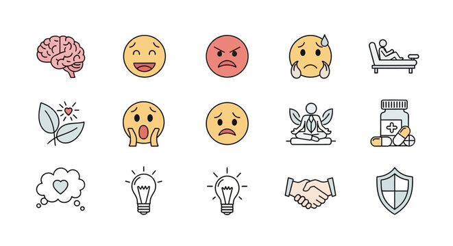 Emotional faces and mental health icons.