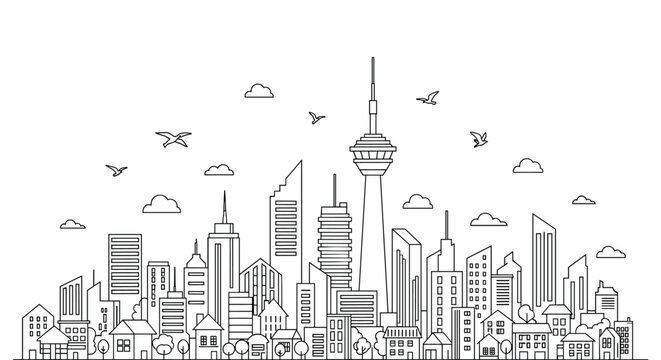 Detailed black and white line art city skyline featuring various skyscrapers, houses, a tall observation tower, and birds.