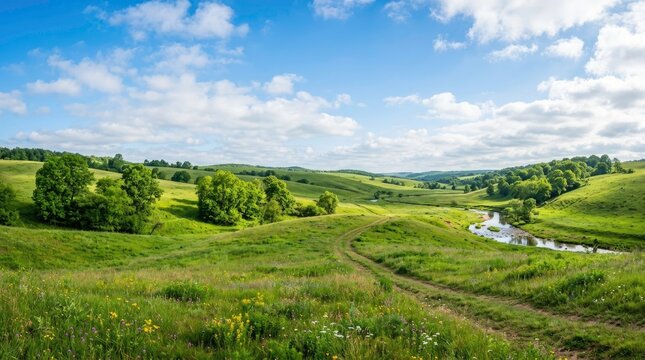 Serene Green Landscape with Rolling Hills and a River