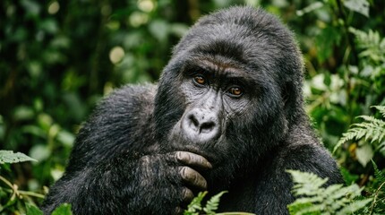 Obraz premium A mountain gorilla in a lush green forest, with a blurred background.