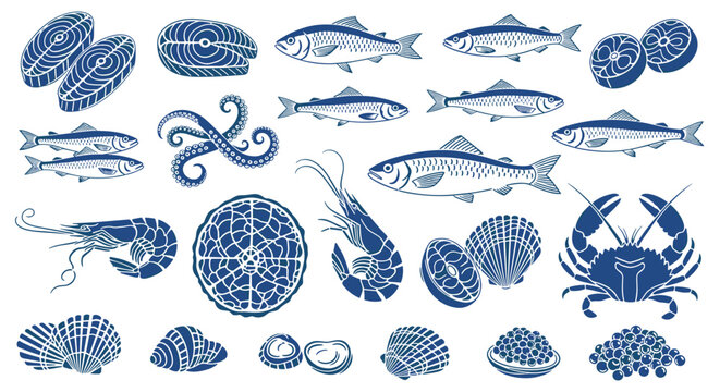 Blue block print style seafood collection displays various fish, crab, shrimp, octopus tentacles, and shells for marine culinary concepts.