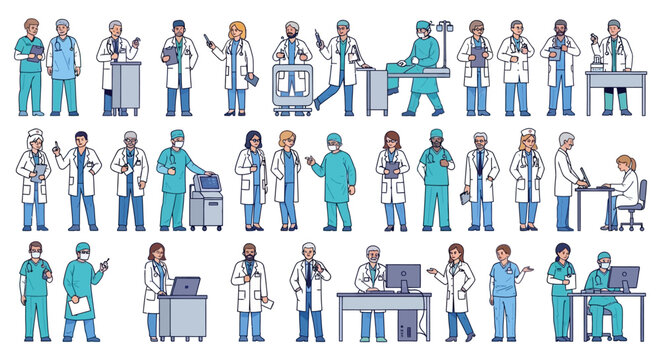 Medical professionals in various actions.