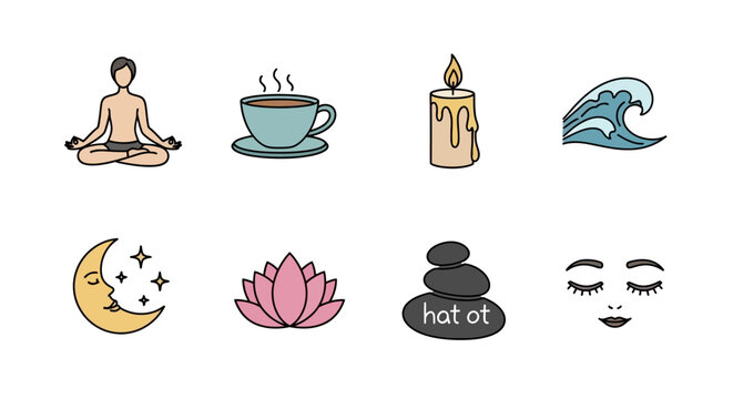 Meditation and relaxation icons set.