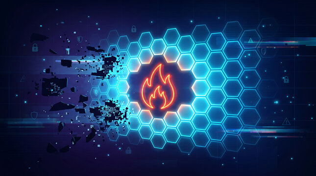 Futuristic network firewall security concept with glowing orange flame icon protected by digital honeycomb shield being attacked by glitch fragments and pixels on dark background