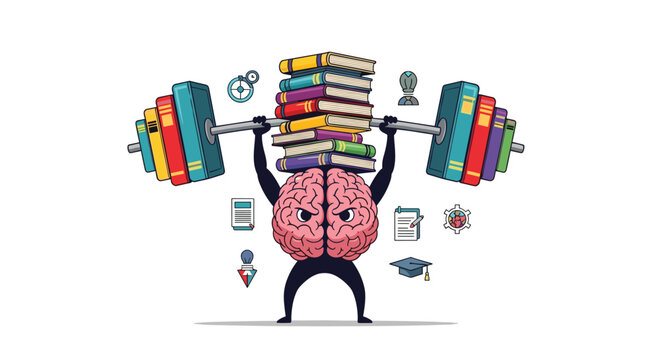 Motivational cartoon shows a strong brain lifting a heavy barbell made of stacks of books to represent mental strength, education, and intelligence.