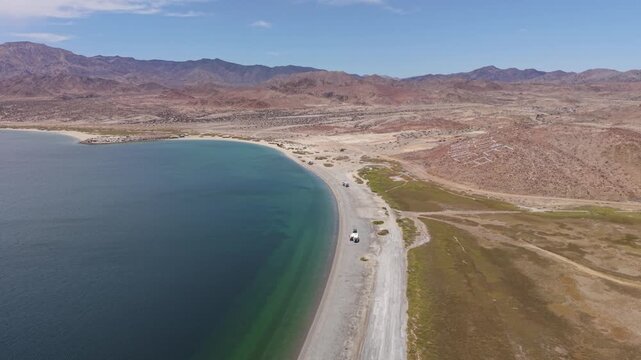 Aerial view of La Gringa on the Bahia De Los Angeles coast, taking in the views of the Sea of Cortez and desert