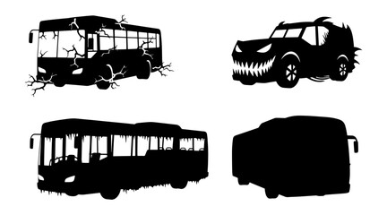 Set of distressed and spooky Halloween vehicle silhouettes: bus, monster truck, and van © MSTSUFIA