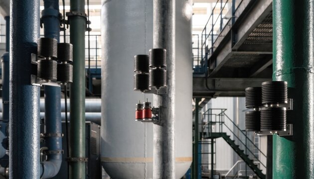 Medium shot of multiple vibration and temperature sensor arrays mounted on industrial equipment highlighting wireless connectivity for realtime condition monitoring.
