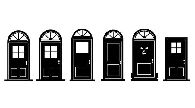 Set of 6 Black Silhouette Halloween Doors with Arched Transoms and Decorative Panes, Isolated on White