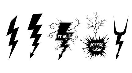 Set of black stylized lightning bolt symbols and graphic elements for Halloween and magic themes © MSTSUFIA