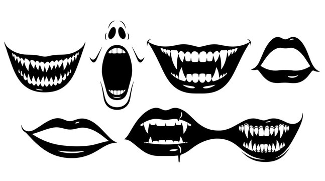 Set of Six Halloween Mouth Silhouettes: Vampire Fangs, Screaming Mouths, and Smirking Lips