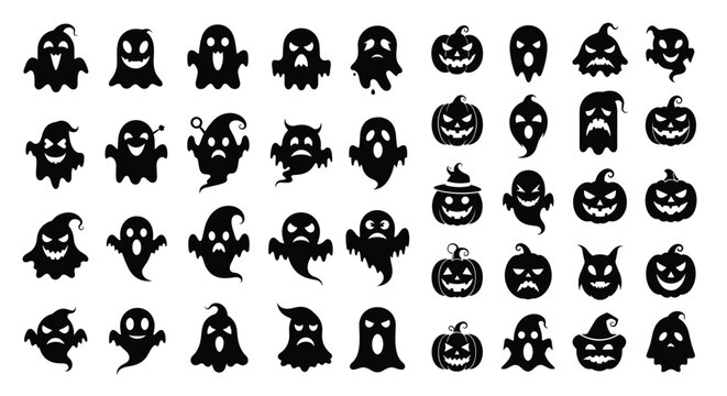 Silhouettes of spooky Halloween ghosts and carved pumpkins with different scary expressions are perfect for festive holiday decorations.