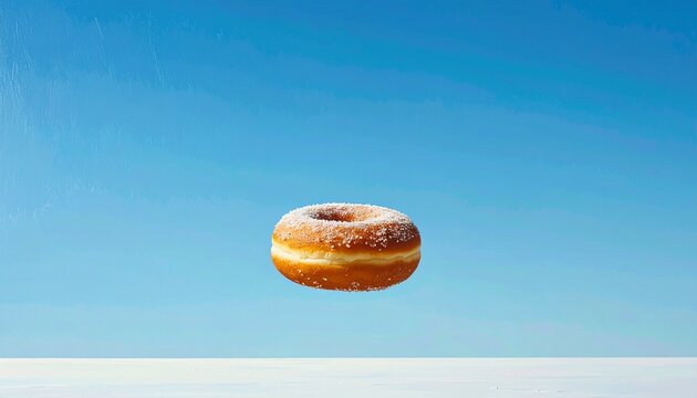 golden glazed donut floating against clear blue sky minimalist food concept