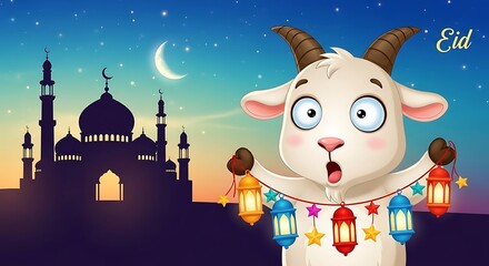 Naklejka premium Happy cartoon goat celebrating eid with lanterns