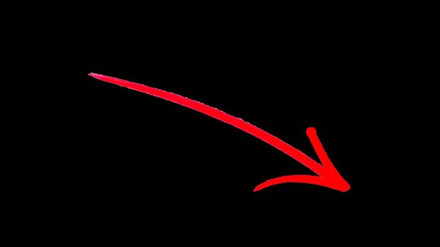 Hand-drawn red arrow animation, pointing down, right curved movement, on a black background