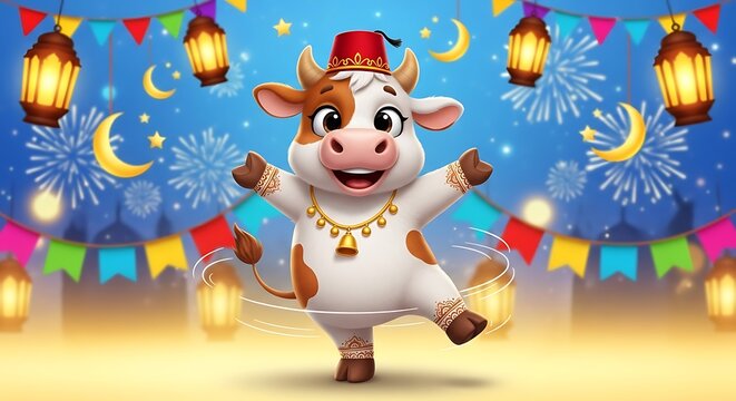 Happy cartoon cow dancing with lanterns and kites