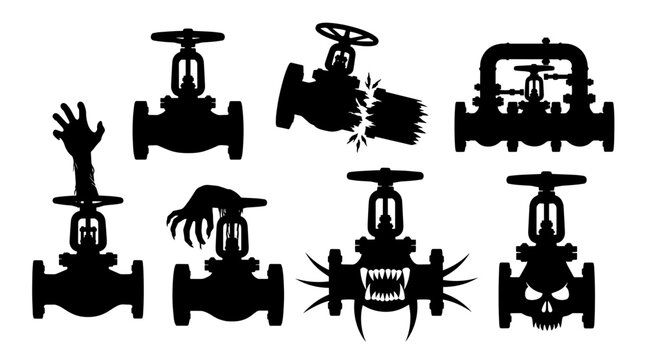 Halloween Industrial Valves Silhouettes Collection: Zombie Hands, Monster, Skull, and Bursting Pipe