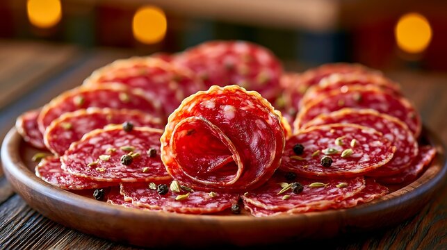 Slices of traditional finocchiona igp meat on a rustic wooden platter