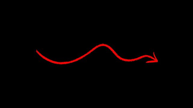 Hand-drawn red arrow animation, pointing right, with wavy s-curve movement, on a black background