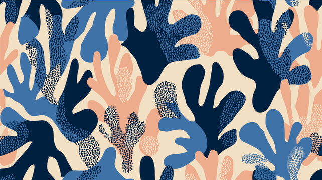 Abstract organic pattern featuring marine botanical shapes. Seamless repeating organic pattern depicting abstract shapes in blue and peach tones on a light background