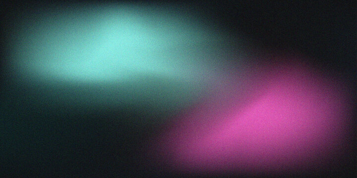 Abstract glowing gradient grainy background with teal and magenta light blur on dark textured backdrop