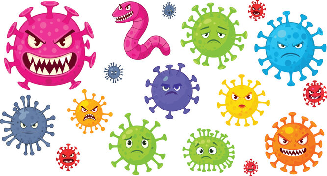 Cartoon Virus and Bacteria Character Set Featuring Angry, Sad, and Mean Pathogens with Expressive Faces for Medical Education, Healthcare, and Childrens Science Designs