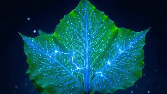 Aerial view of glowing leaf with illuminated veins and blue light pattern in 4k.