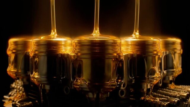 Cinematic close-up of golden oil dripping over shiny engine components in slow motion.