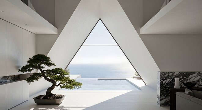 Minimalist luxury villa interior with triangular window. Serene relaxation and luxury lifestyle. Bonsai tree resting in a bright modern living room overlooking an infinity pool and ocean