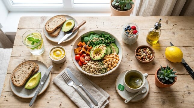 A wooden table with a bowl of colorful vegetables, a glass of water, and a slice of bread on a plate.