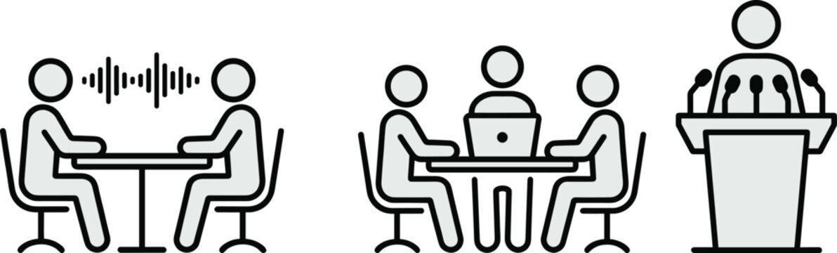 Stylized communication icons featuring interview discussion, collaborative group meeting, and podium presentation for business and education concepts