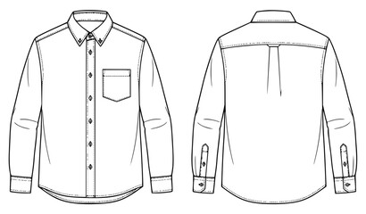 Men’s long sleeve button down shirt front and back view flat fashion sketch vector illustration template isolated on white background © RUMA