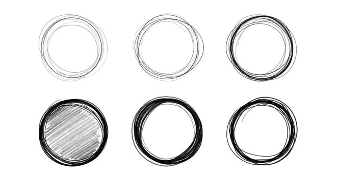 Ring icons, metallic circles, silver and black, graphic elements, 6 pieces, vector graphics