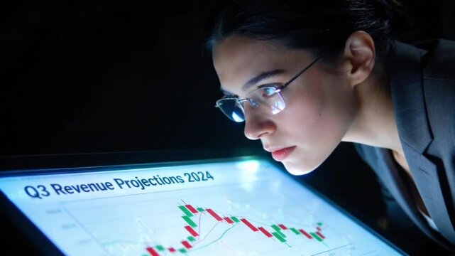 Focused businesswoman analyzing Q3 revenue projections on a futuristic digital display