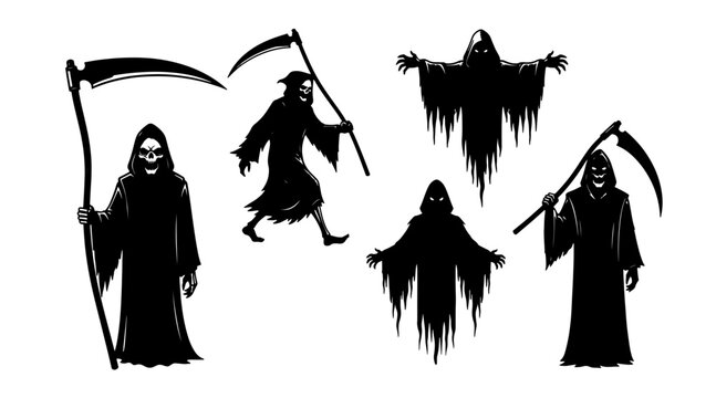 halloween grim reaper silhouettes flying against moonlit sky vector illustration